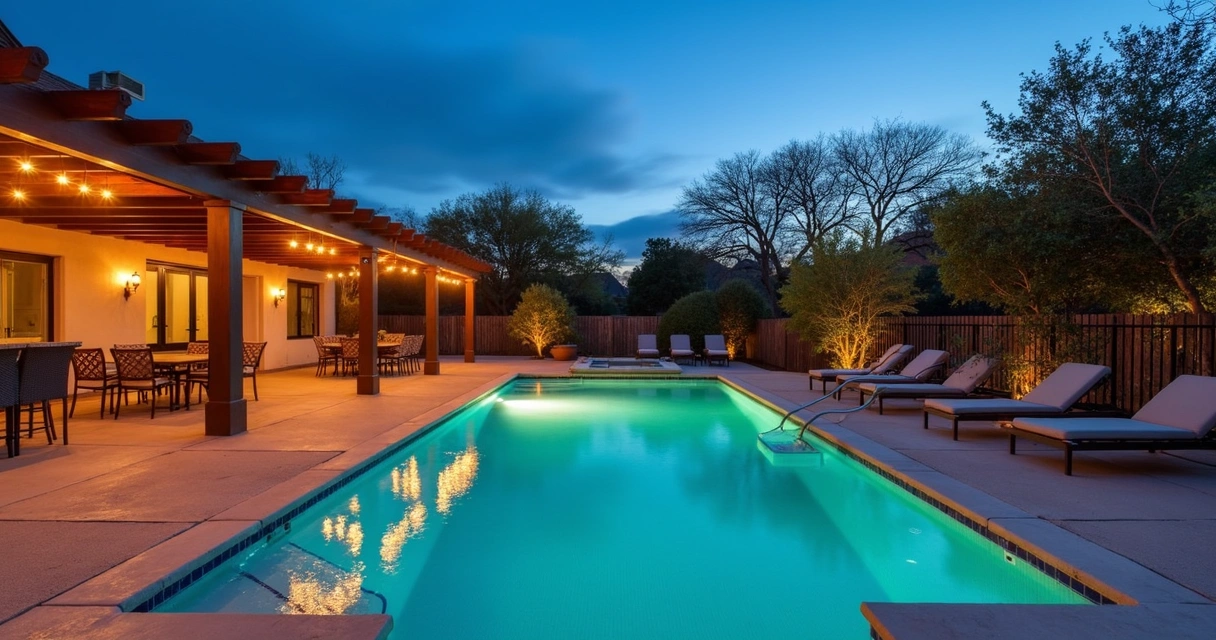Outdoor living area at sunset with pool and string lights