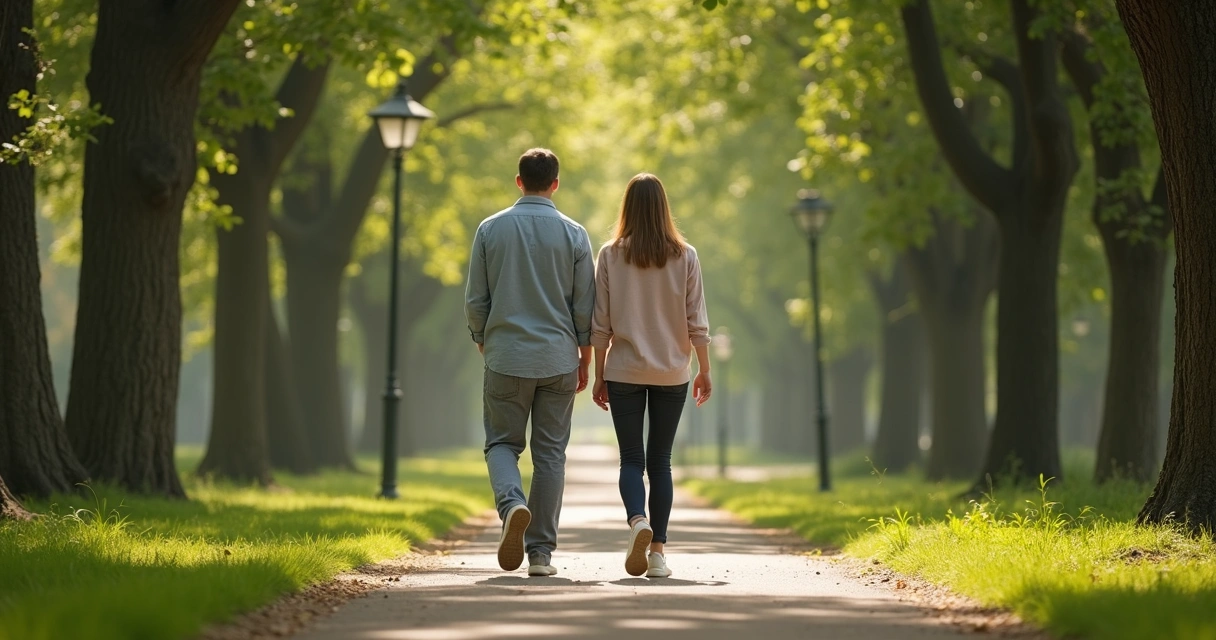 Two people walking mindfully in a sunlit park path. 