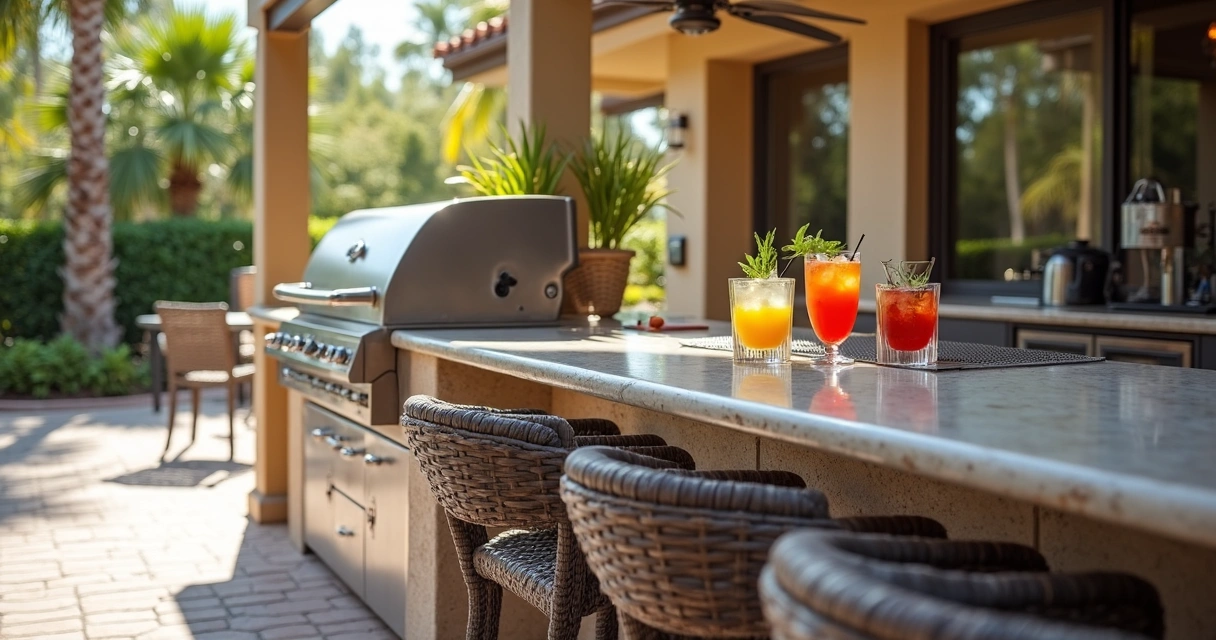 Outdoor bar countertop with visible thermal break next to built-in grill in Orlando setting 