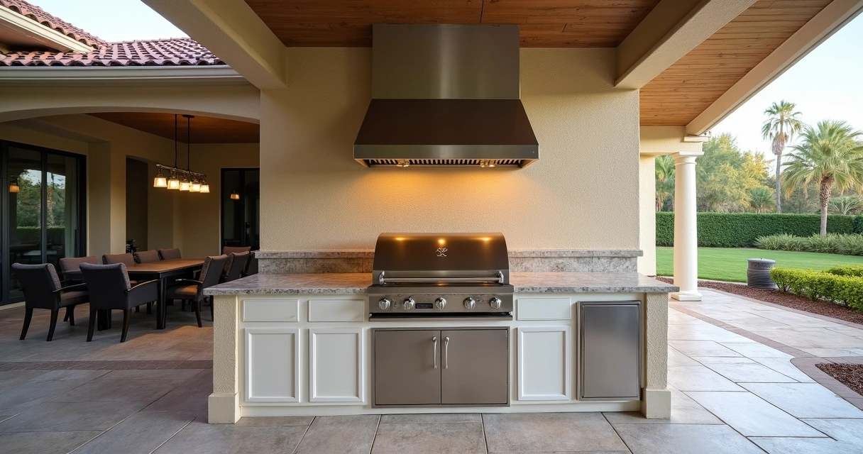 Outdoor grill with stainless vent hood in a covered Florida patio area
