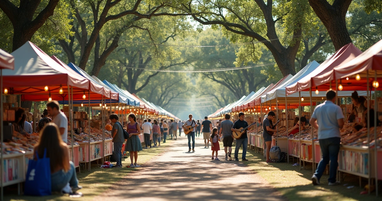 Outdoor book fair in Austin with families and book stalls