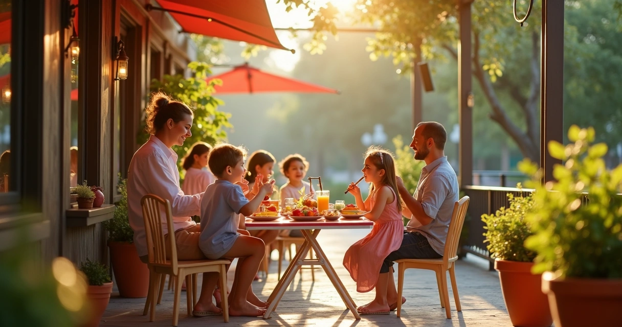 Children eating breakfast outside on restaurant patio with parents