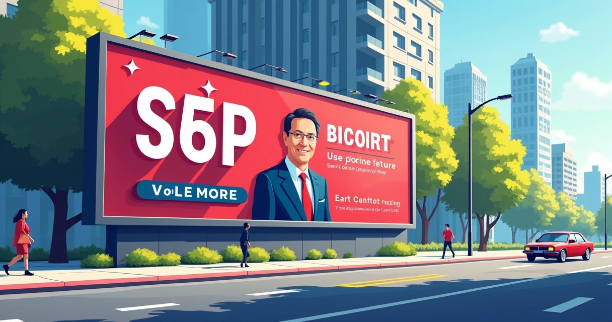 Outdoor de campanha eleitoral mostrando design moderno com logo, cores e slogan. 