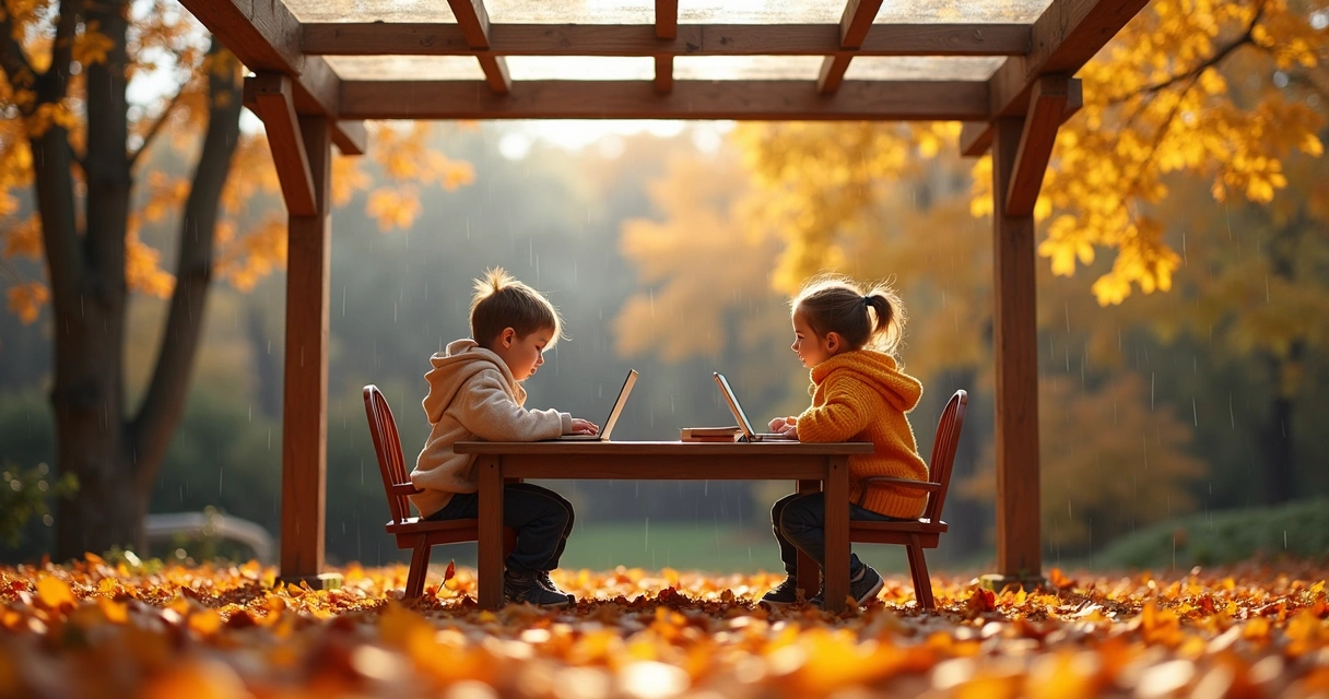 Children studying outside in autumn with fallen leaves