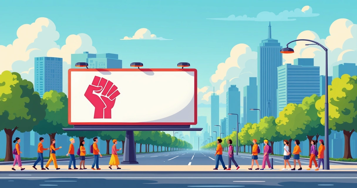 Outdoor de campanha sindical em avenida movimentada