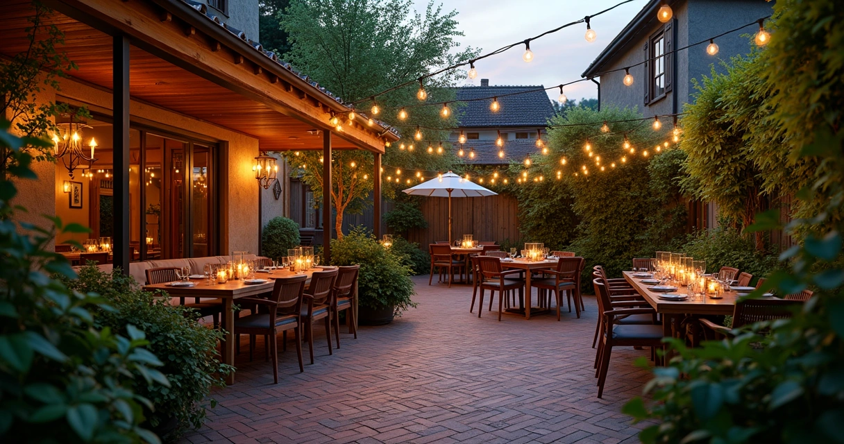 Outdoor patio dining area with string lights, cozy seating, and landscaped yard, Central Florida 