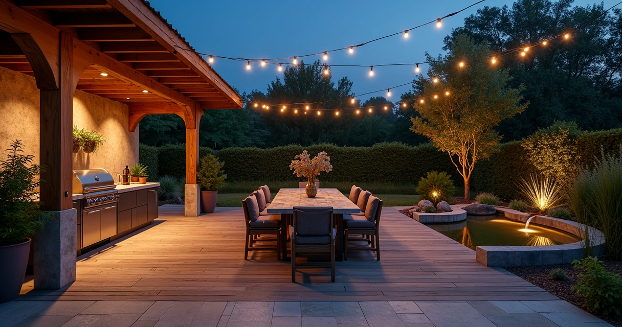 Outdoor dining area at night with string lights and cozy seating 