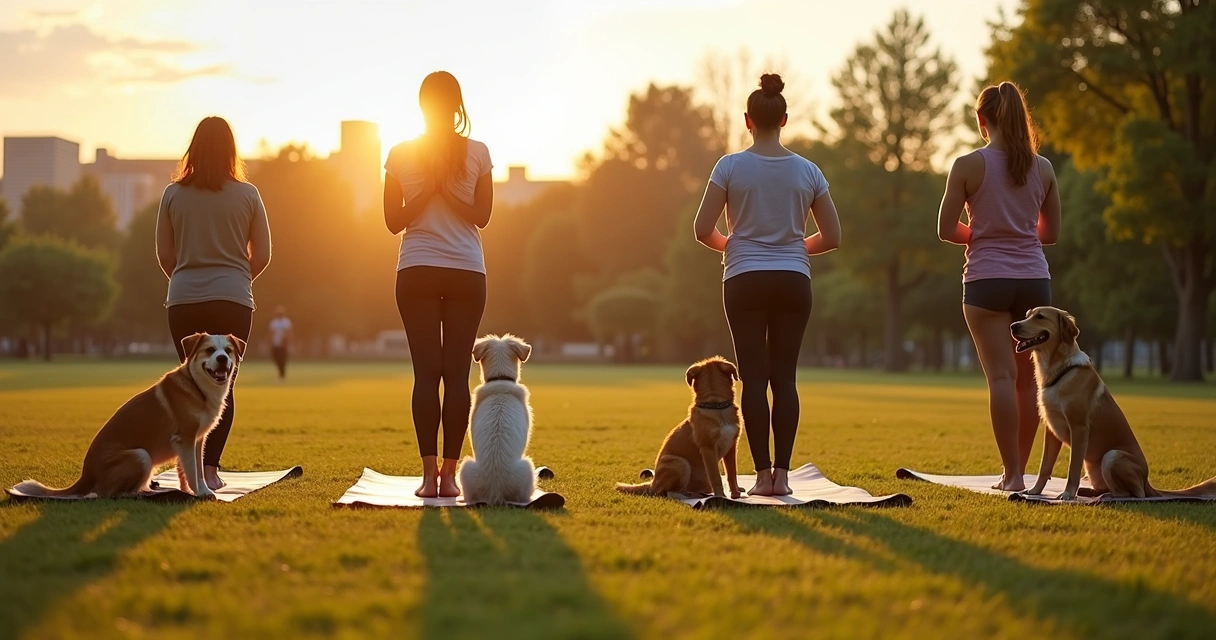 Group doing gentle yoga with dogs in a park at sunset 