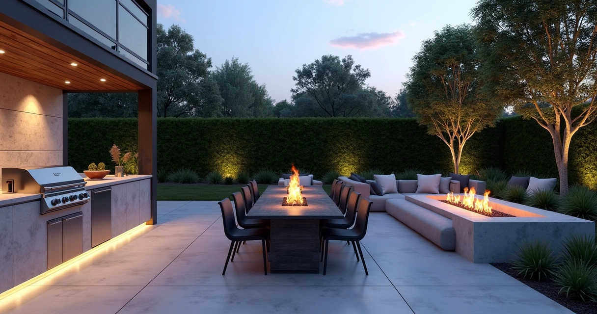 3D rendered outdoor entertaining area with kitchen and fire pit