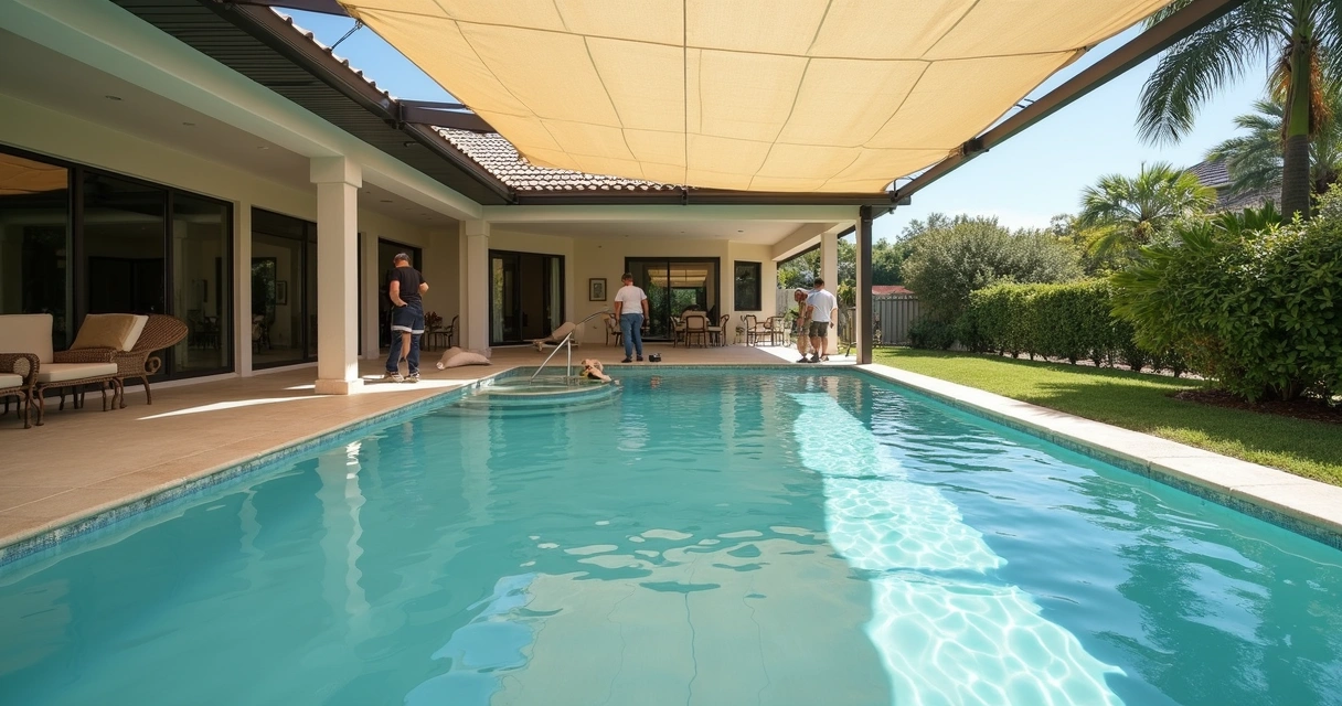 Epoxy coating being applied to an outdoor pool deck with uniform shade 