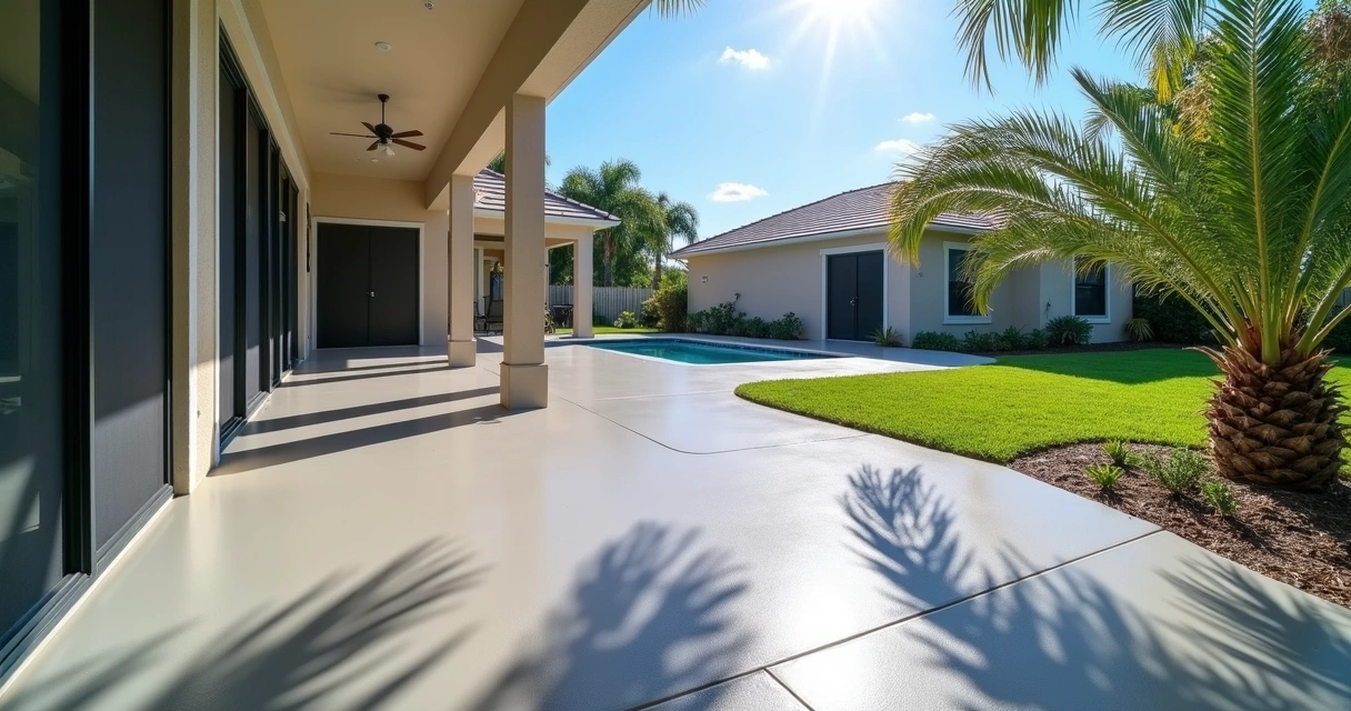 Outdoor epoxy patio in Orlando showing color difference between shaded and sunny areas 