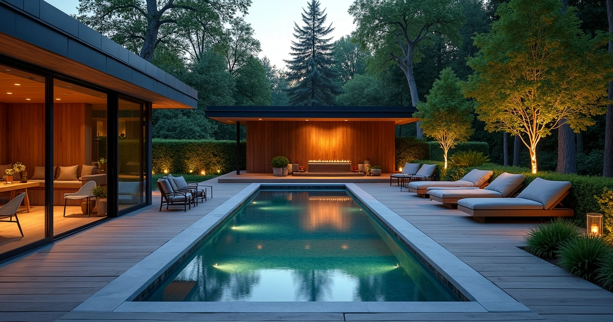 Outdoor wellness retreat at dusk with sauna, hot tub, pool and lush greenery 