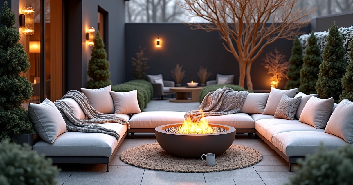 Cozy outdoor furniture arrangement with fire pit