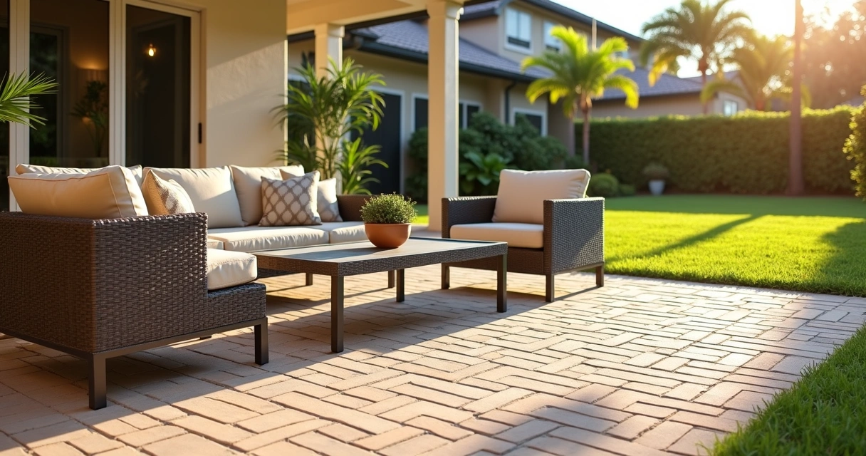 Modern outdoor furniture on a paver patio in a sunny backyard 