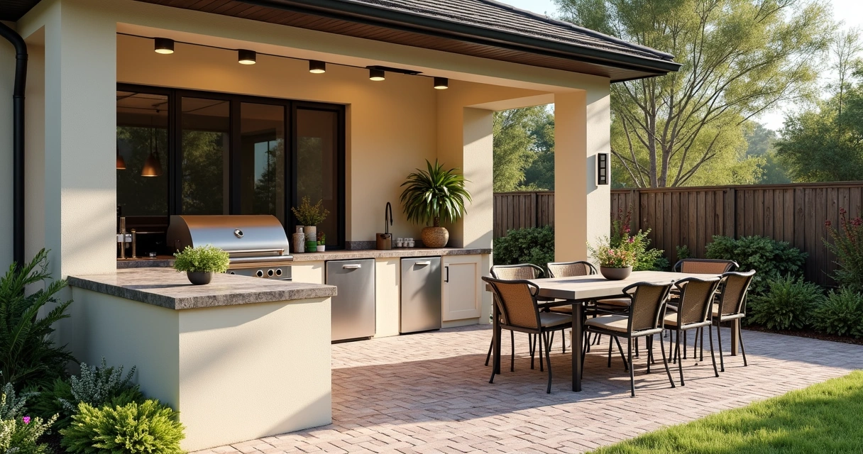 Outdoor kitchen installed over brick pavers with grill and seating area 