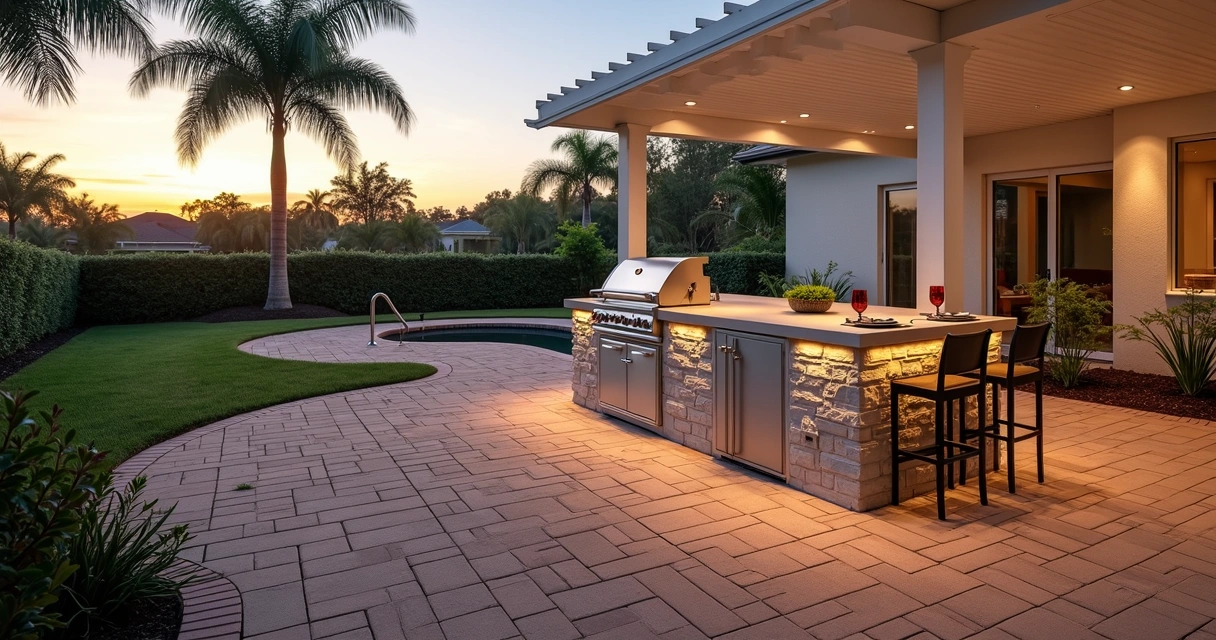 Outdoor kitchen with brick paver patio and built-in grill in Orlando backyard at sunset 