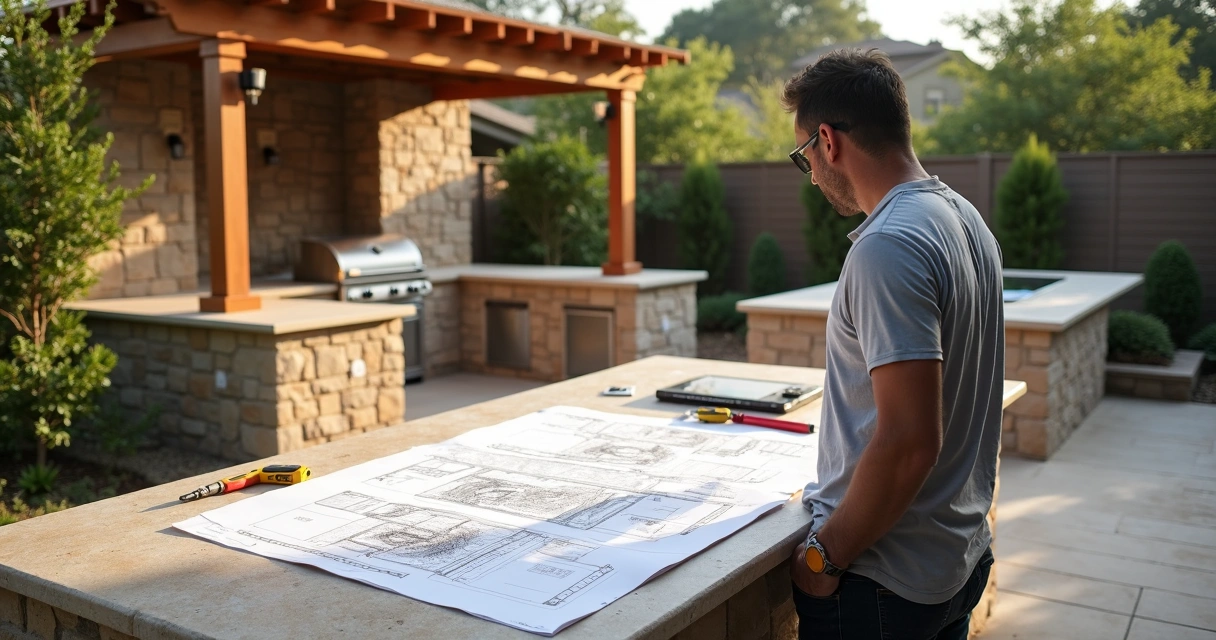Designer and client reviewing outdoor kitchen plans on site 