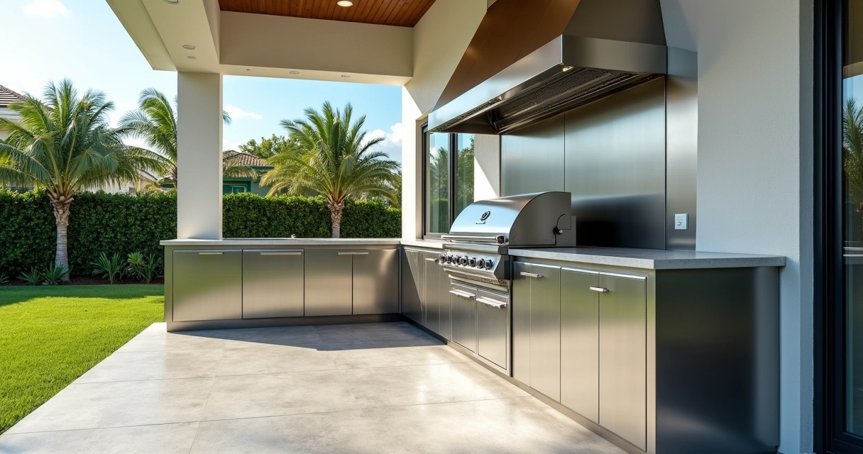 Marine-grade aluminum and stainless steel kitchen cabinets in outdoor setting