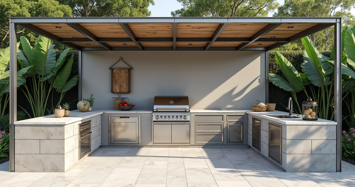 Outdoor kitchen construction materials on patio 