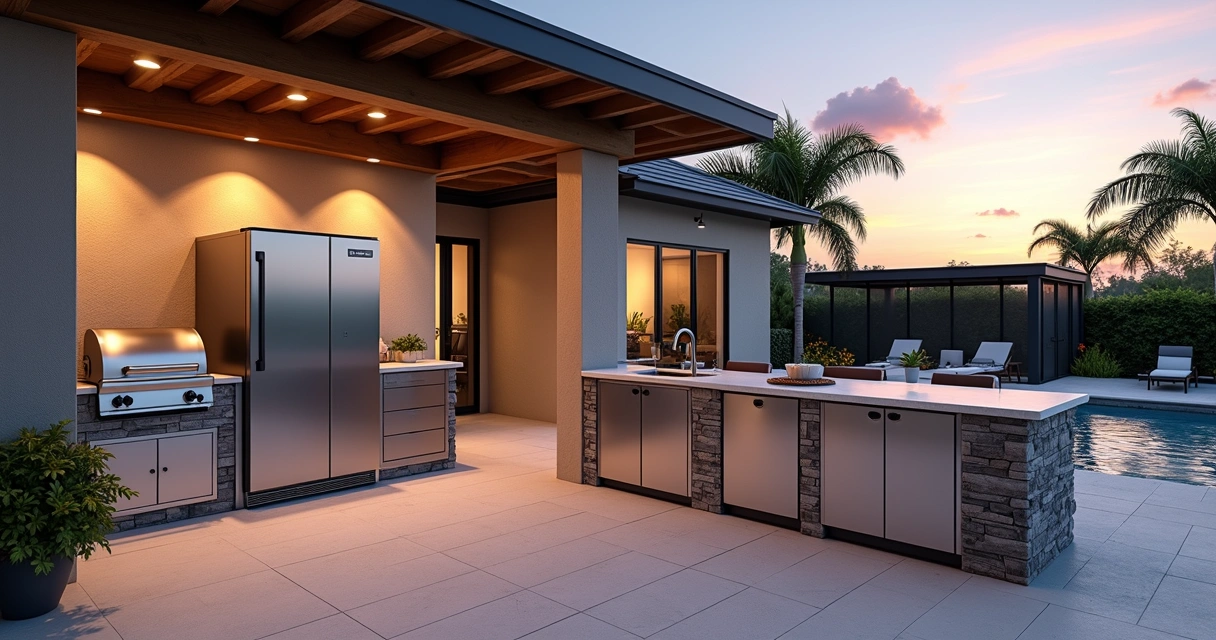 Florida outdoor kitchen with built-in and freestanding fridges side by side 