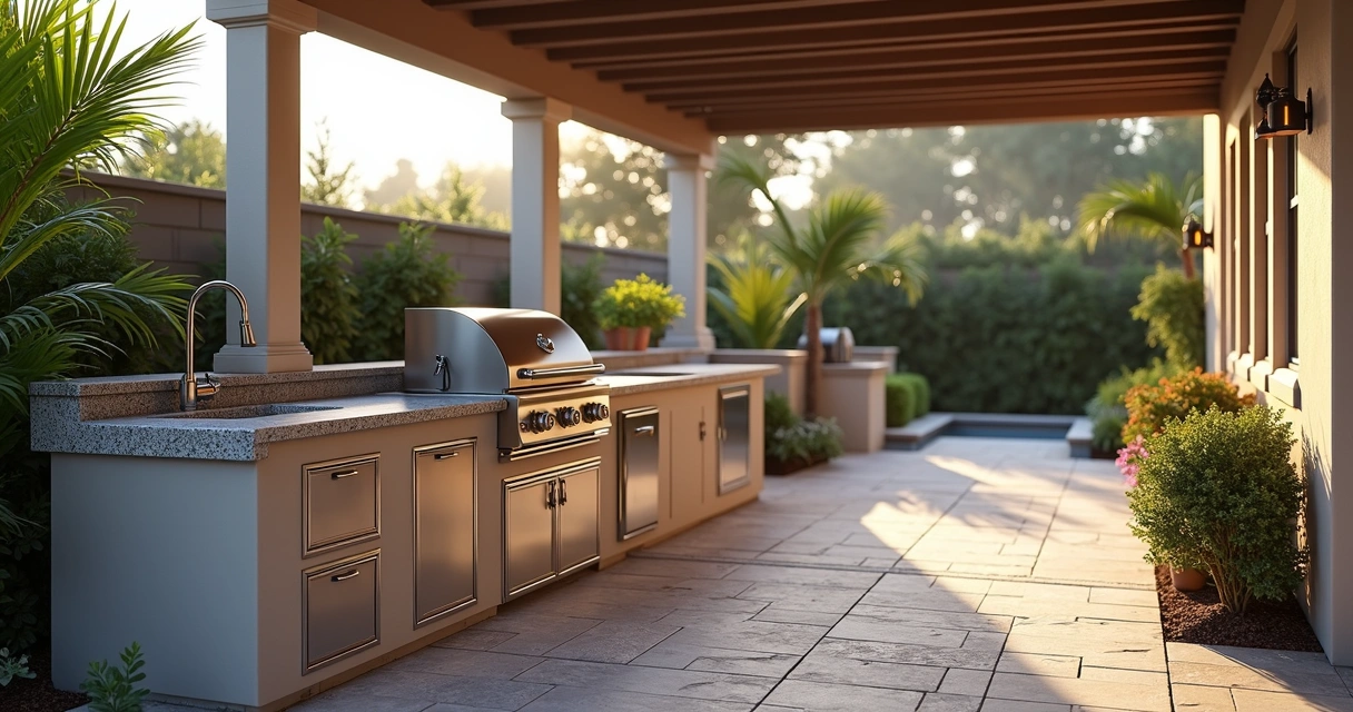Modern outdoor kitchen with gas grill, sink, and electrical outlets under a covered patio in a sunny backyard 