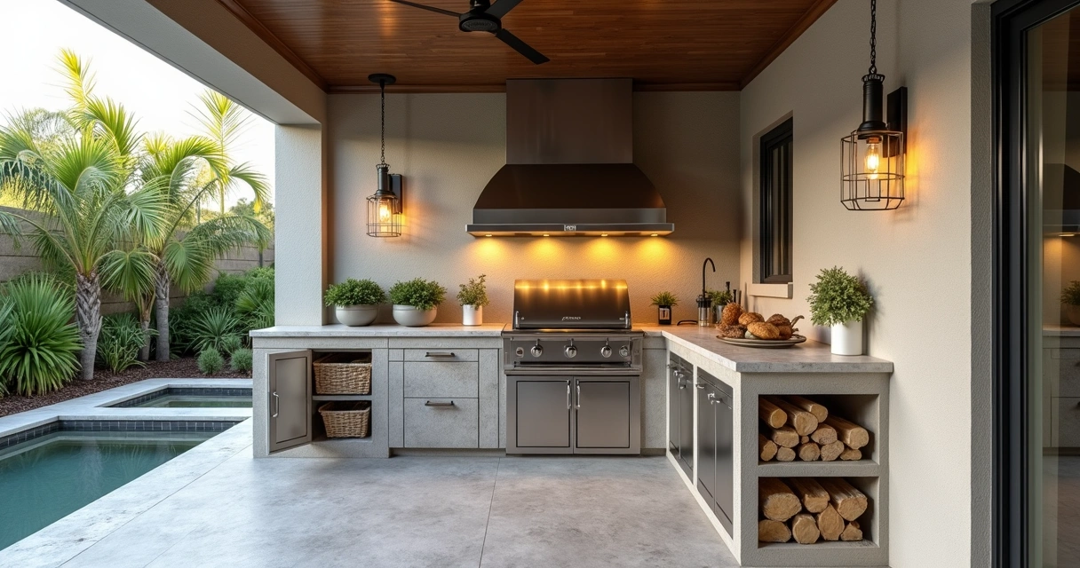Outdoor kitchen with integrated weatherproof storage 