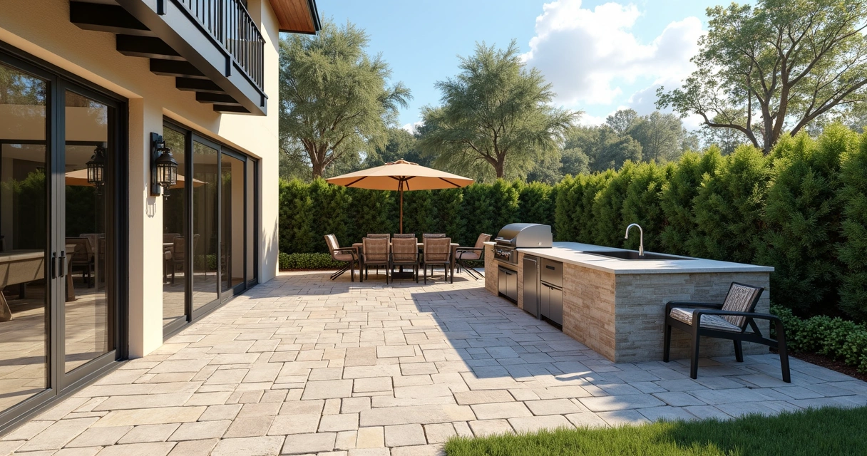 Outdoor kitchen with grill island, seating area, and open airflow in a Florida backyard 