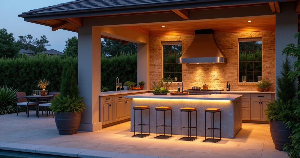 Outdoor kitchen with wireless lighting controls via app.
