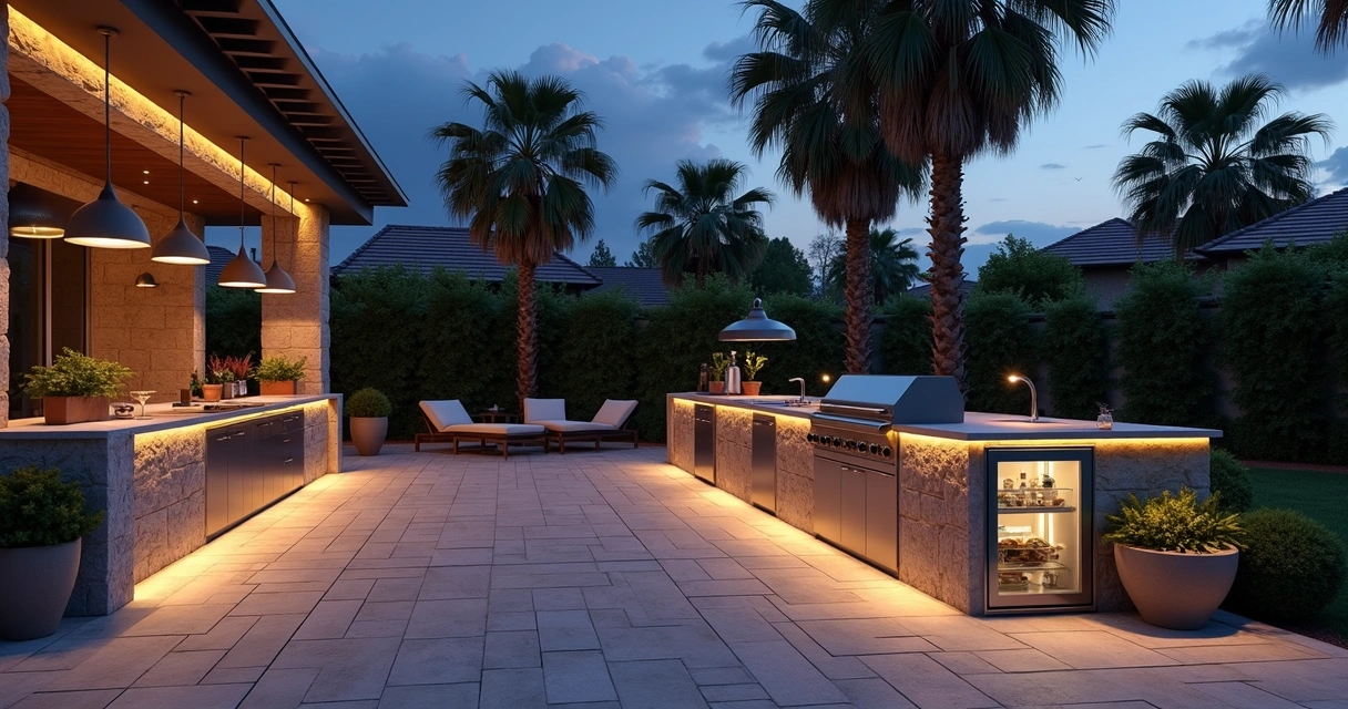 Outdoor kitchen at dusk with lighting 