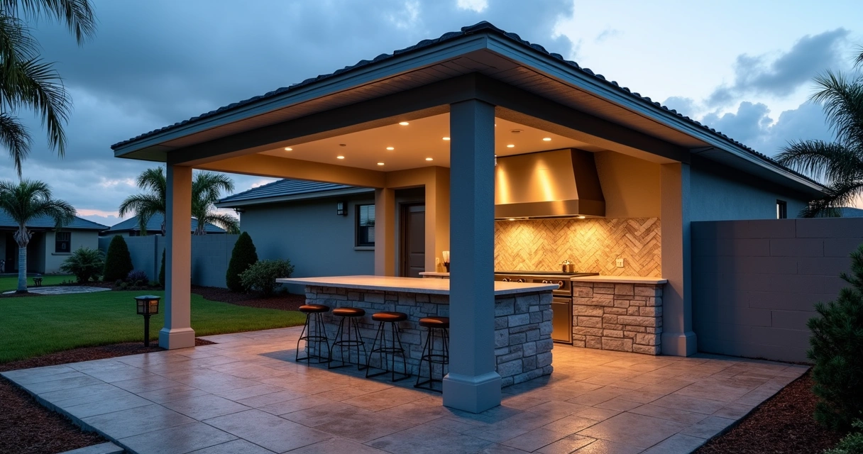 Central Florida outdoor kitchen with visible lightning protection system at dusk 