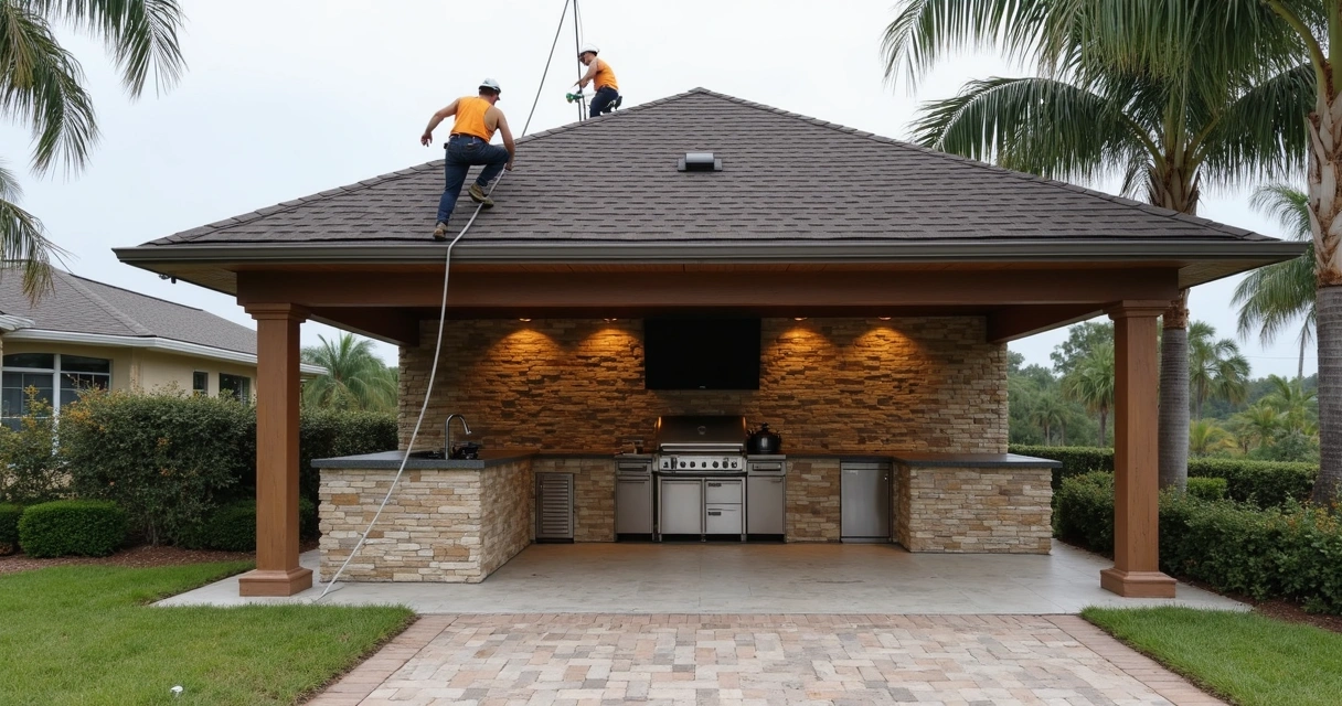 Lightning rod being installed on covered outdoor kitchen