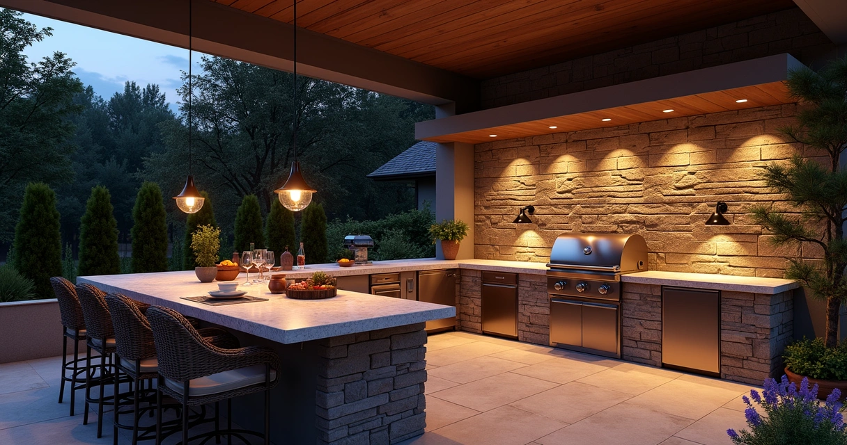 Outdoor kitchen illuminated at night with seating 