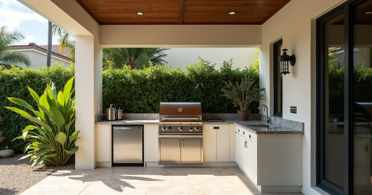 Outdoor kitchen with multiple power outlets near grill and countertop 