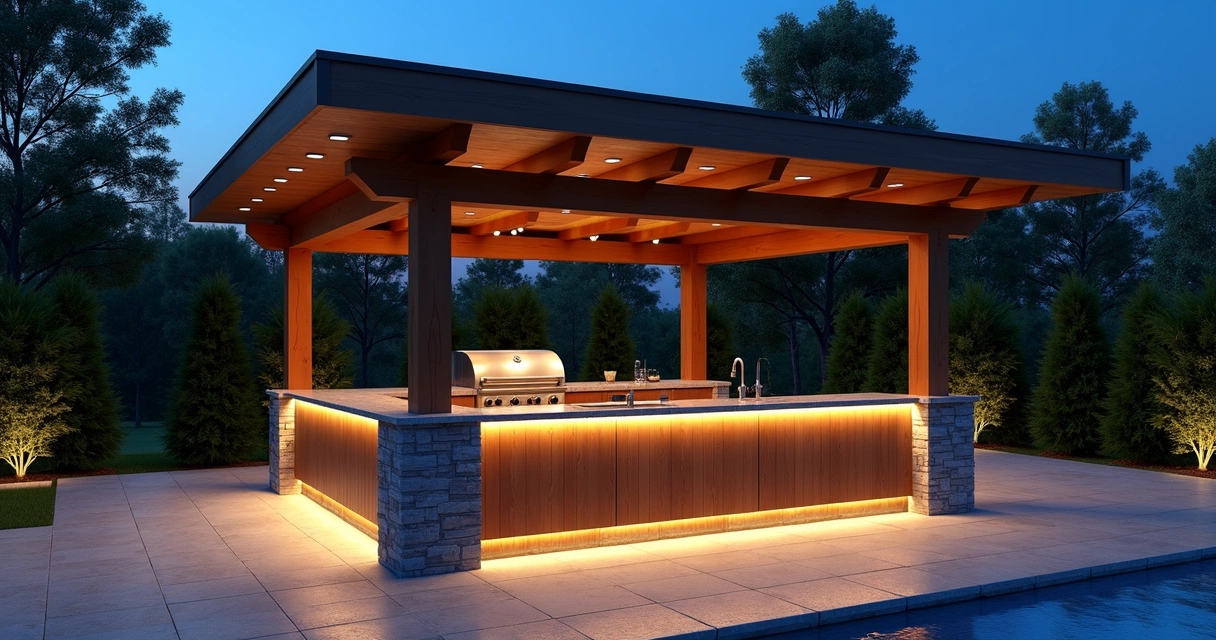 Outdoor kitchen counter with LED strip and smart downlights 
