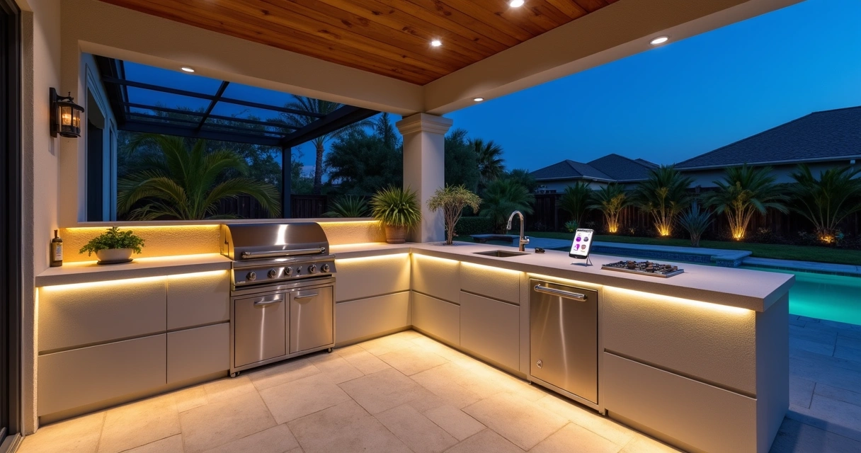 Modern outdoor kitchen in Orlando with integrated smart LED lighting at dusk 