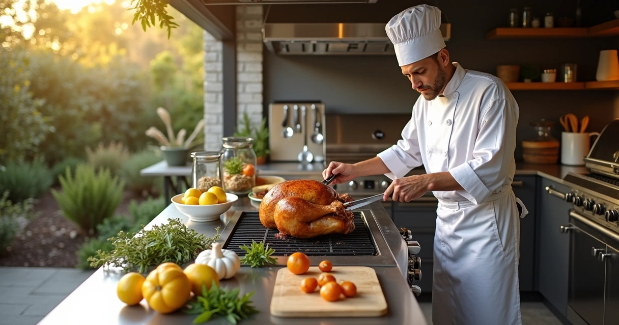 Cooking Thanksgiving turkey in a modern outdoor kitchen