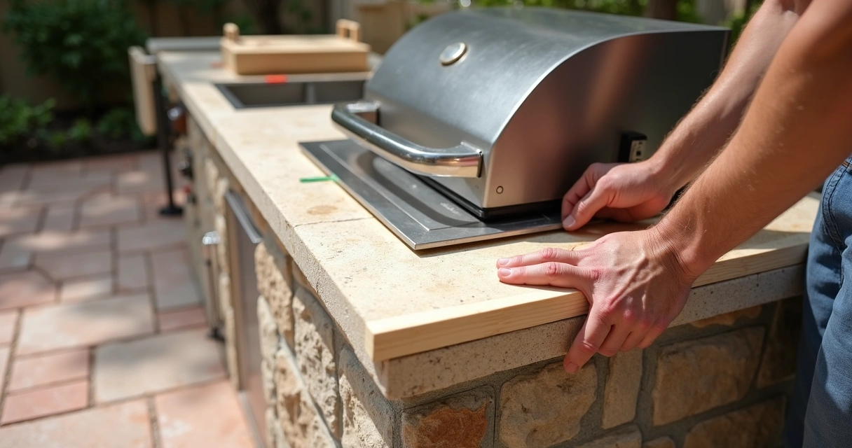 Thermal break being installed between a gas grill and stone countertop in an outdoor kitchen 