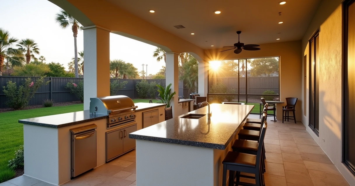 Modern outdoor kitchen bar with granite counter and thermal break strip in Central Florida 