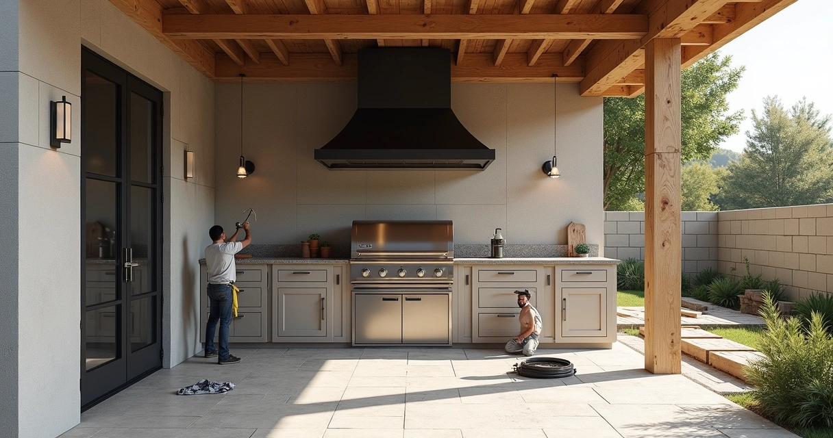Outdoor summer kitchen under construction with visible vent hood installation