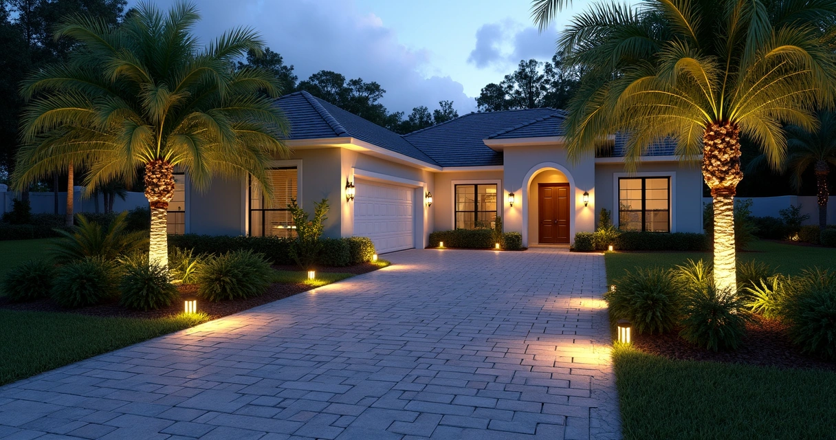 Outdoor lighting controls on driveway and pathways at night 