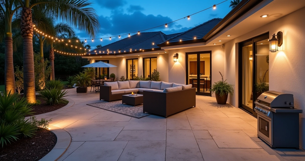 Modern backyard patio in Orlando with layered outdoor lighting and wall control panel 