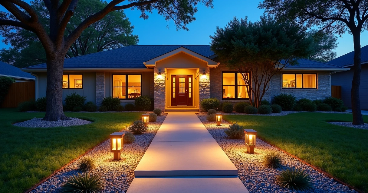 Outdoor pathway lighting leading to rental home entrance in evening