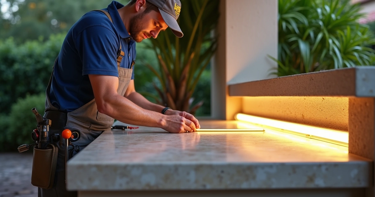 Technician installing outdoor low-voltage light under kitchen counter 