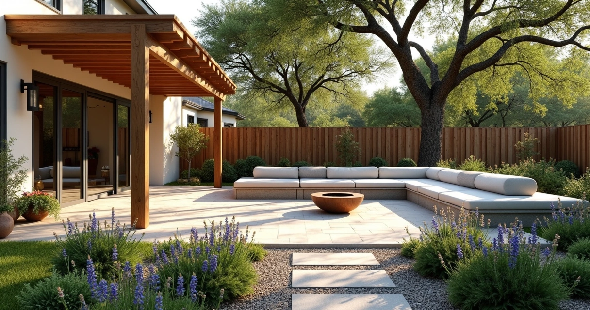 Backyard patio with pergola and built-in seating