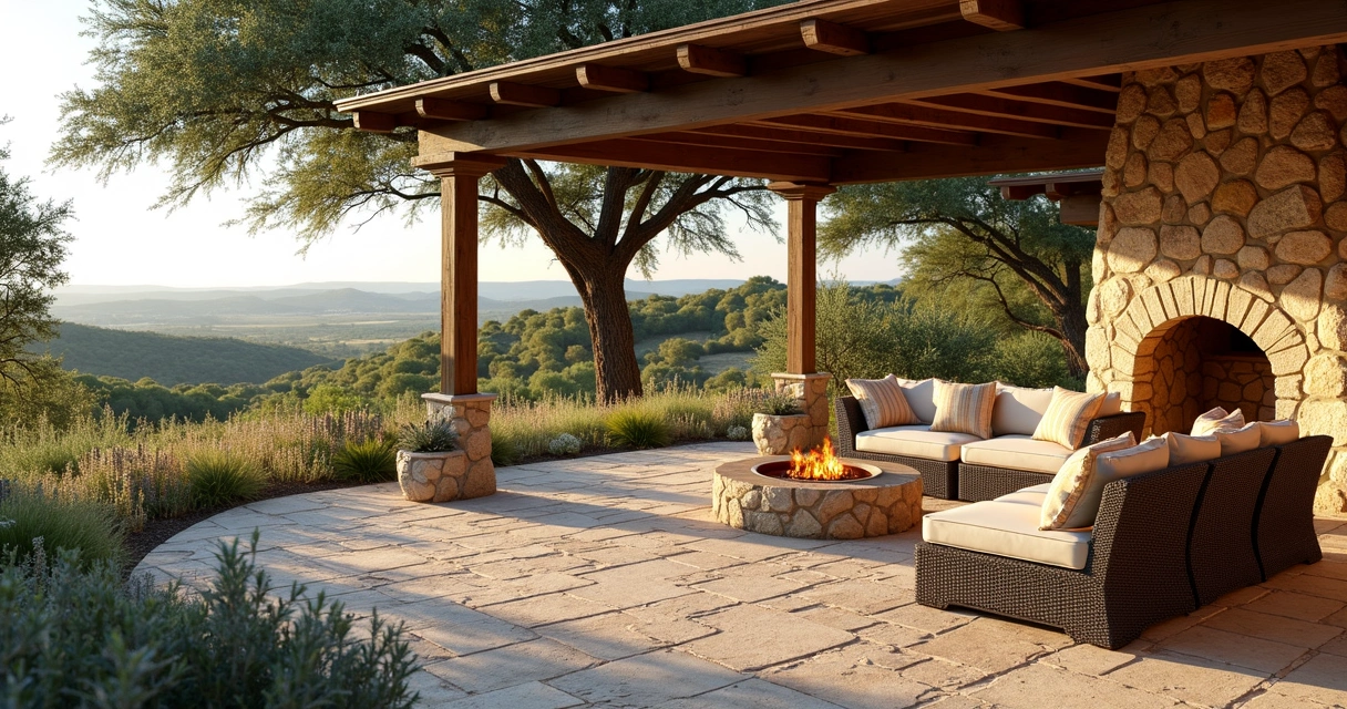 Stone patio with pergola, outdoor seating, and distant Hill Country view 