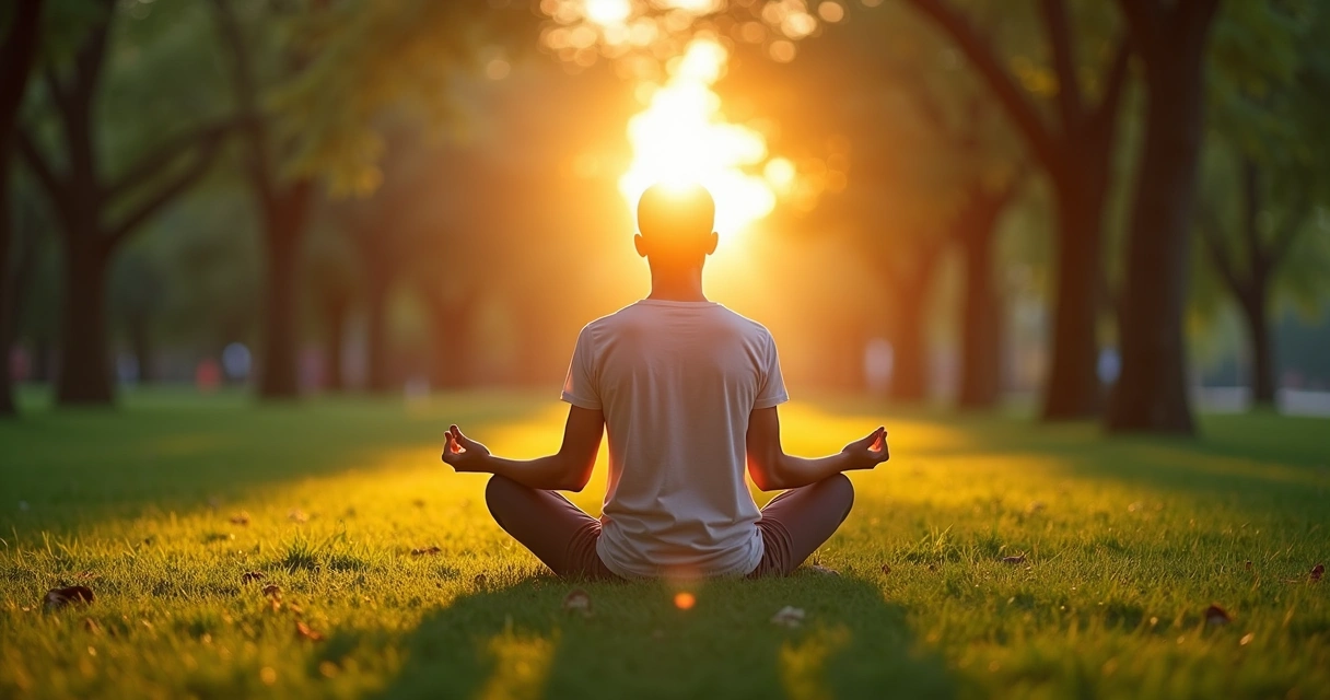 Person seated on grass outdoors meditating with trees and sunlight 