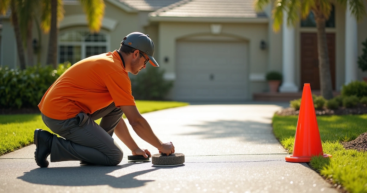 Technician cleaning paint overspray from outdoor concrete surface. 