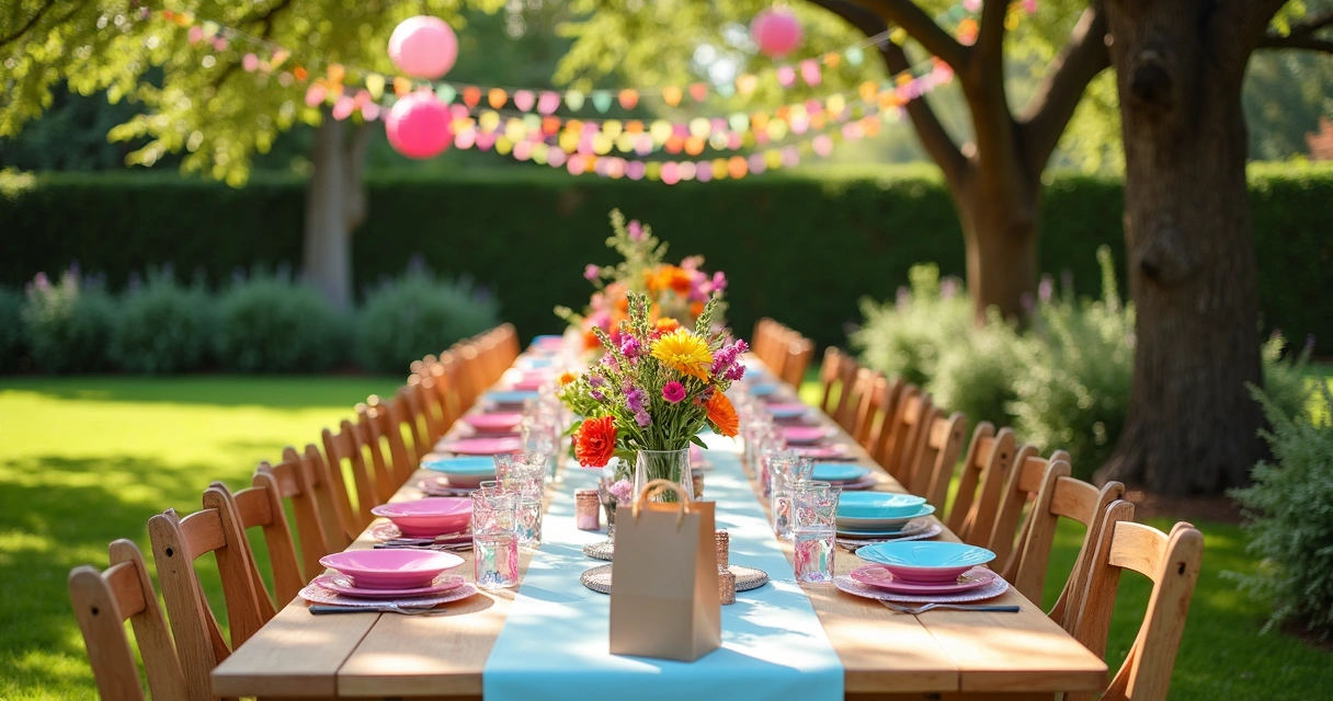 Outdoor birthday party table with colorful decor and flowers