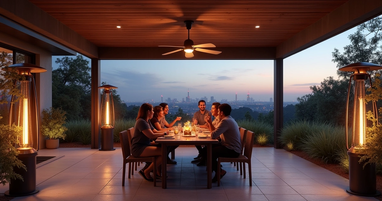 Modern patio with ceiling fans, heaters, and people entertaining 
