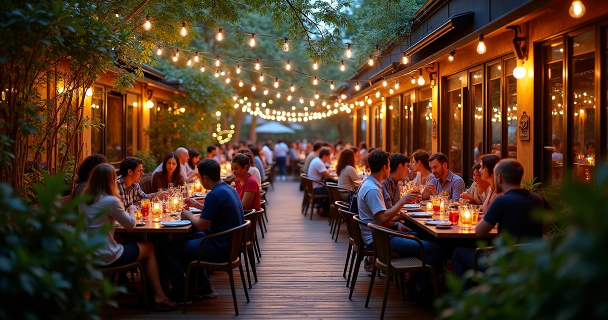Busy restaurant patio under string lights in the evening 